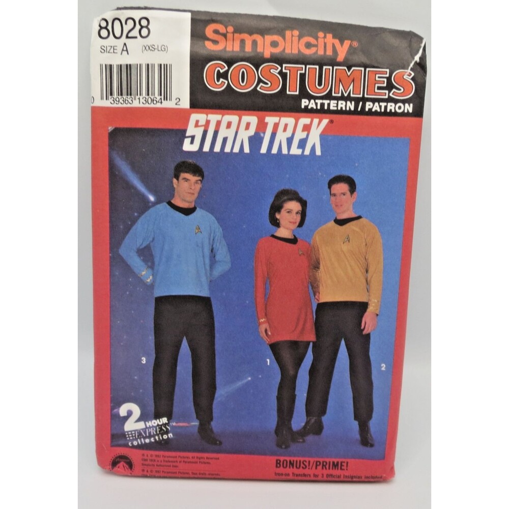 Simplicity VTG Costume Pattern #8028 "Star Trek" w/ Emblems Size A  Uncut 5 Size